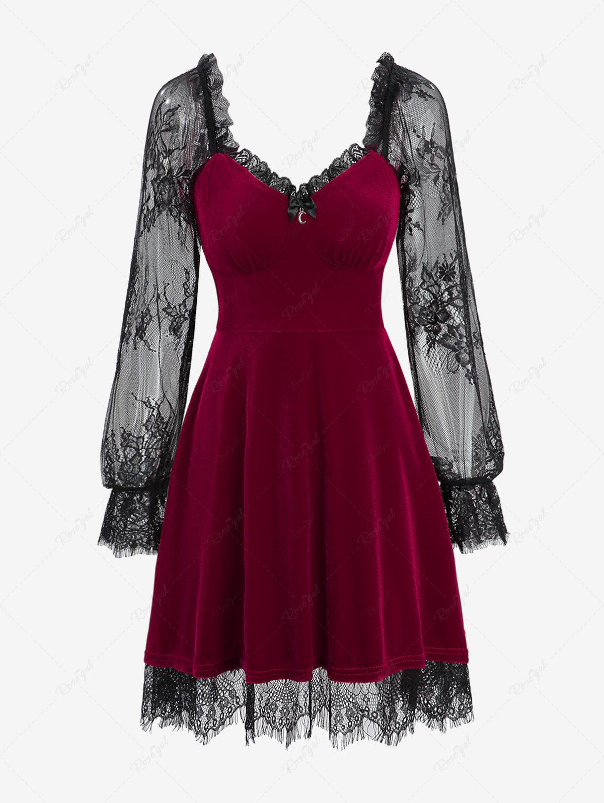 Gothic Floral Lace Poet Sleeves Patchwork Velvet Layered A Line Dress