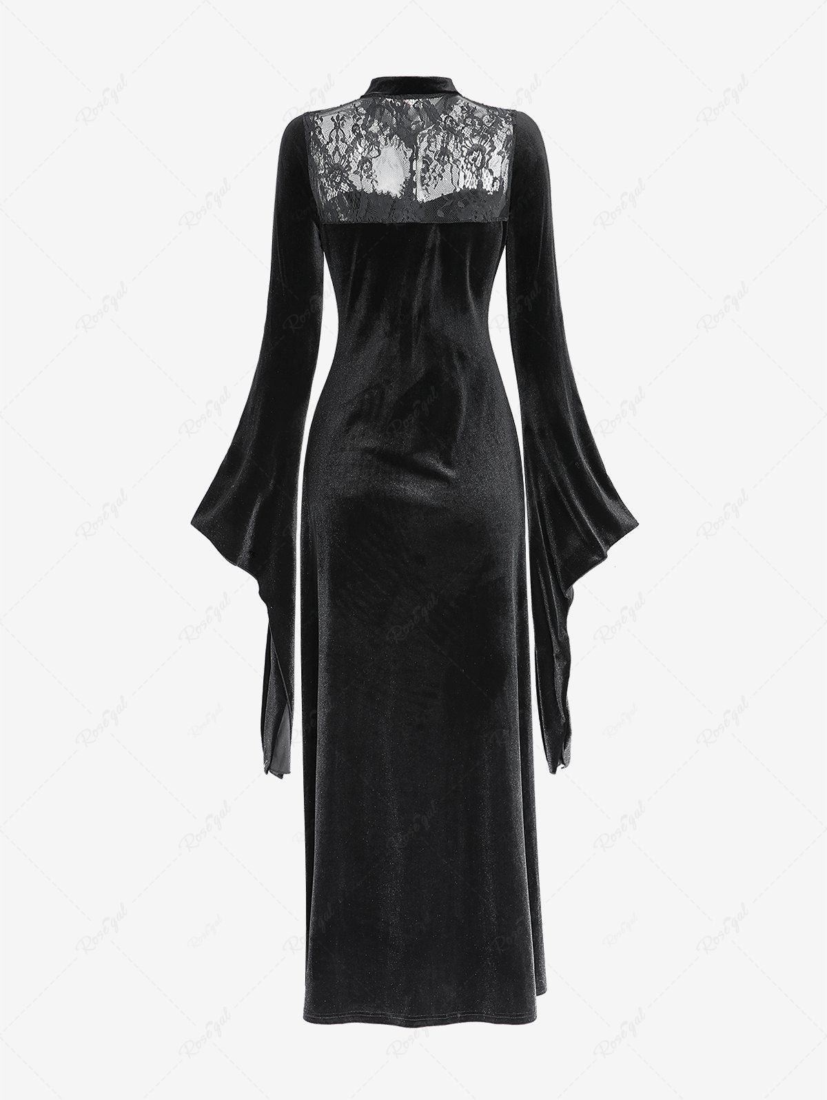 Gothic Flare Sleeves Floral Lace Panel Velvet Patchwork Split Button Maxi Dress