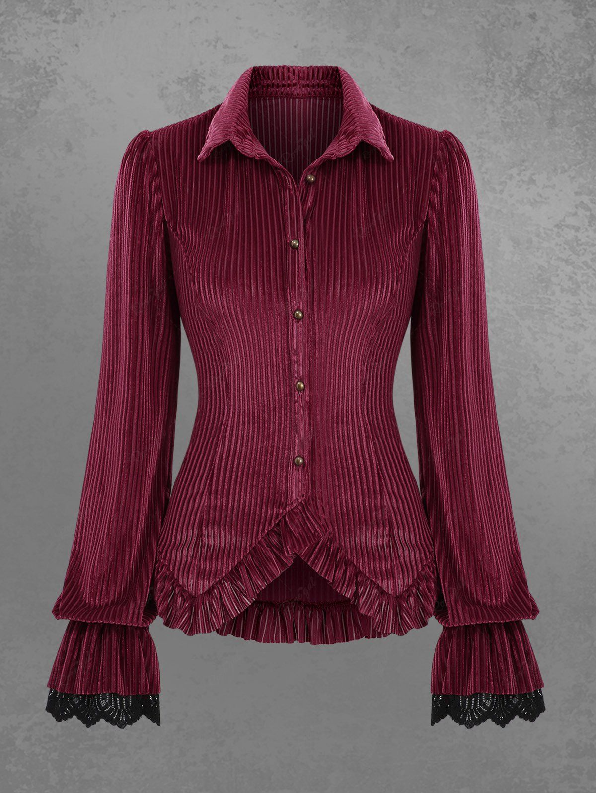 Gothic Turn-down Collar Button Ribbed Textured Solid Ruffles Long Sleeves Blouse