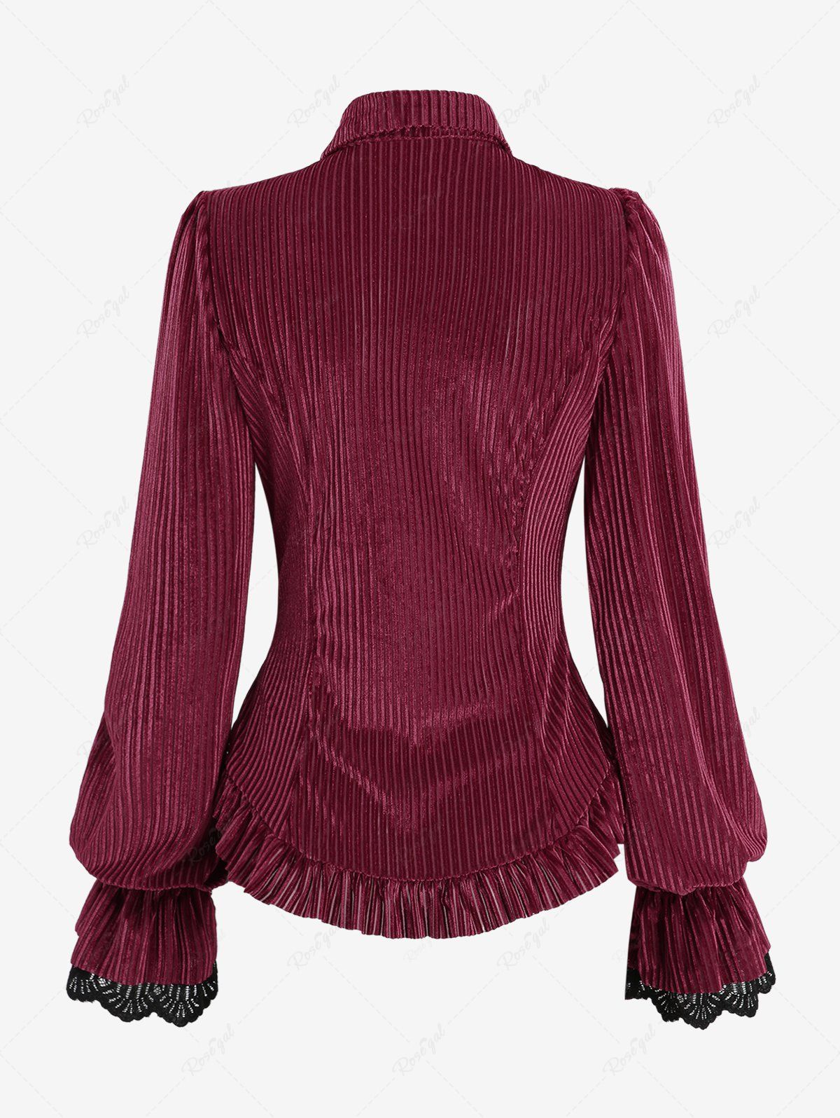 Gothic Turn-down Collar Button Ribbed Textured Solid Ruffles Long Sleeves Blouse