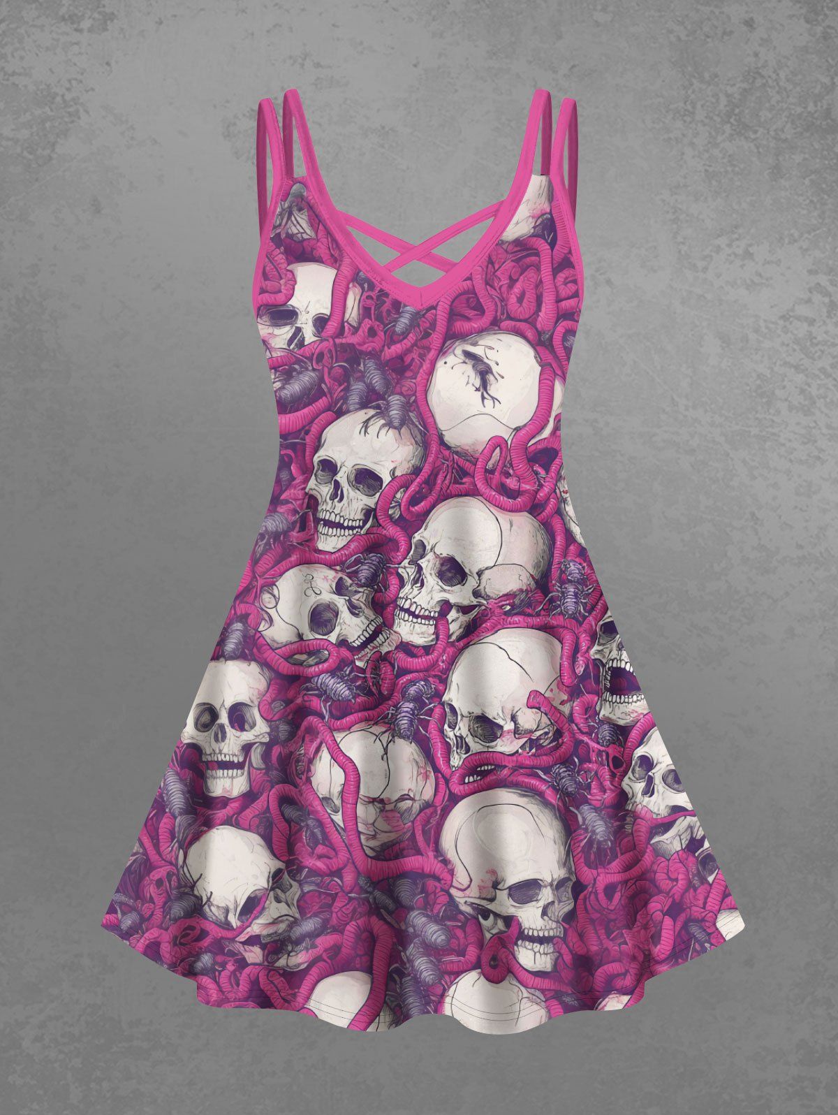 Gothic Plus Size Skulls Worms Print Halloween Costume Crisscross A Line Cami Dress