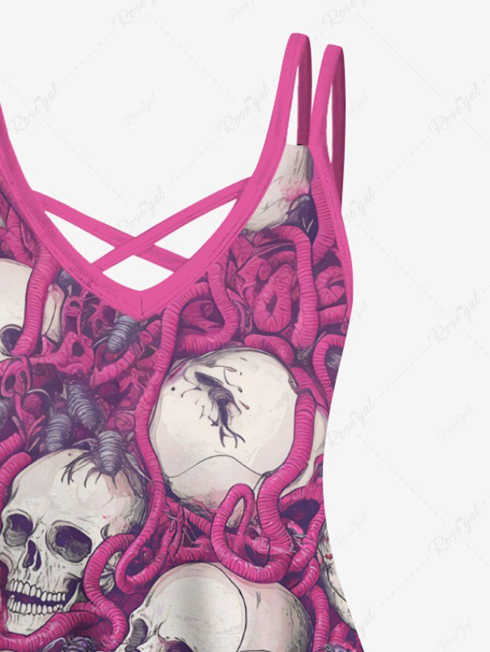 Gothic Plus Size Skulls Worms Print Halloween Costume Crisscross A Line Cami Dress