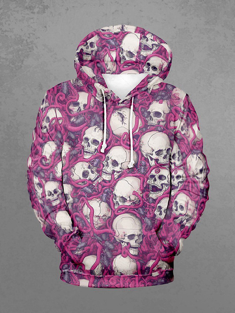 Gothic Plus Size Skulls Worms Print Halloween Pocket Drawstring Pullover Long Sleeves Hoodie For Men