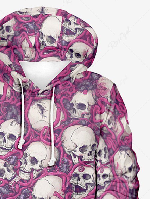 Gothic Plus Size Skulls Worms Print Halloween Pocket Drawstring Pullover Long Sleeves Hoodie For Men