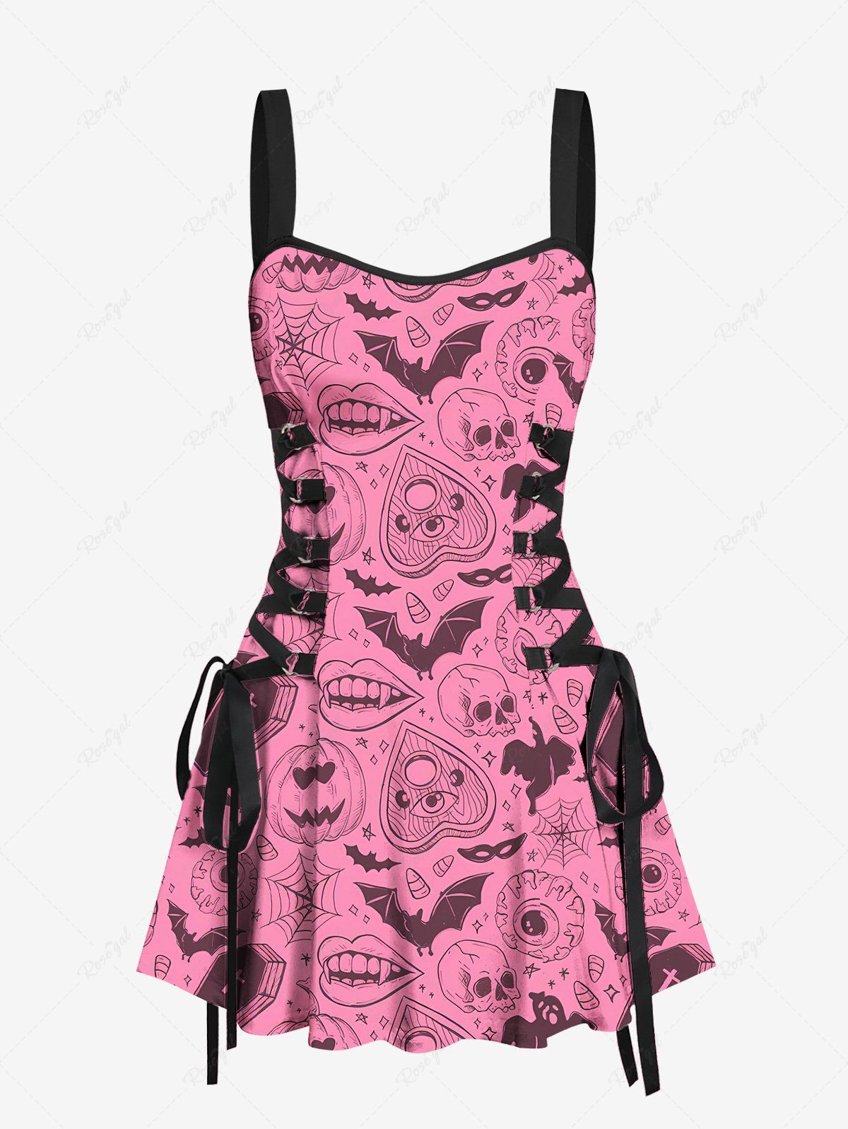 Gothic Bat Skulls Heart Mouth Spider Web Pumpkin Print Halloween Costume Lace Up A Line Tank Dress