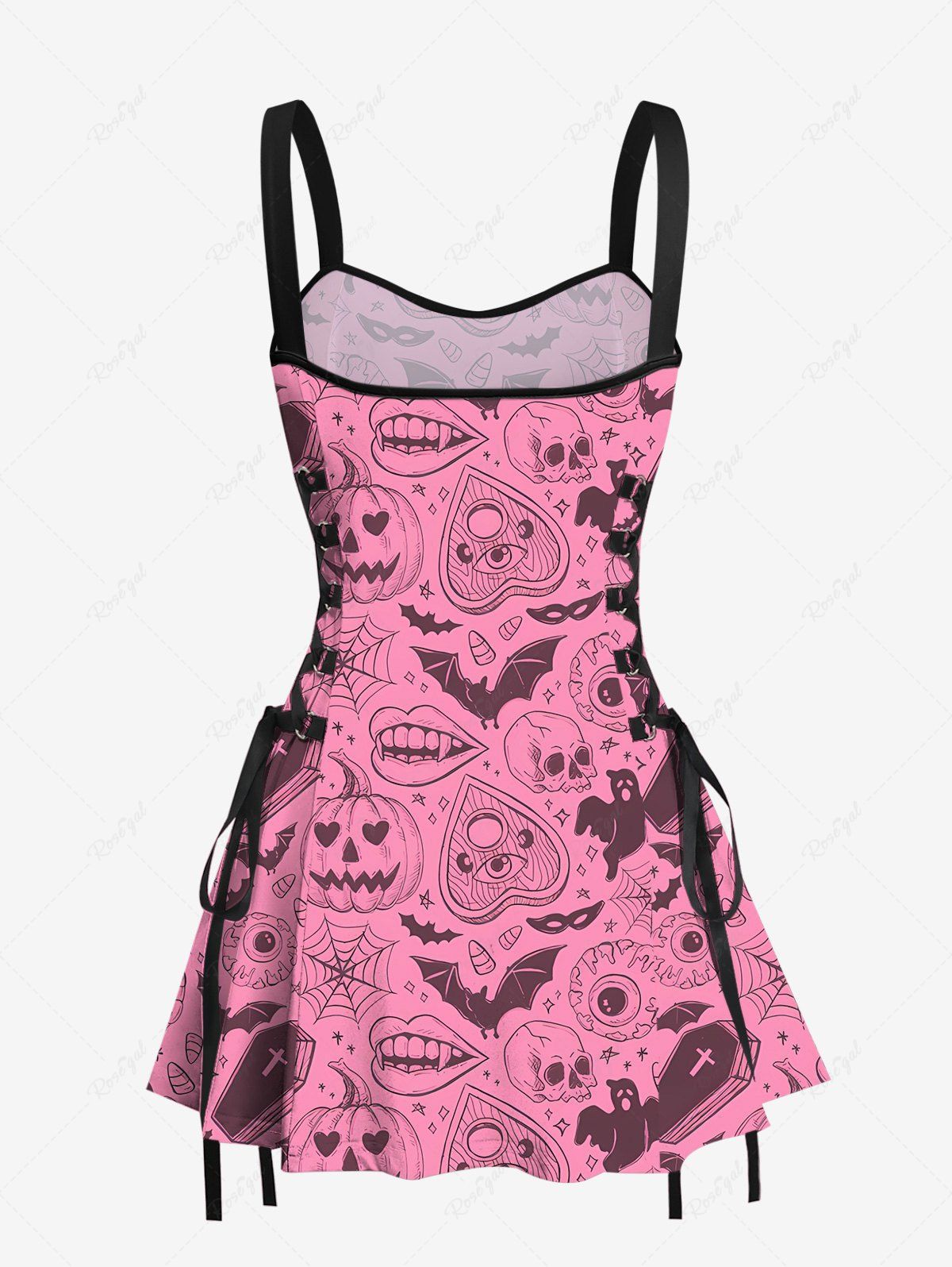 Gothic Bat Skulls Heart Mouth Spider Web Pumpkin Print Halloween Costume Lace Up A Line Tank Dress