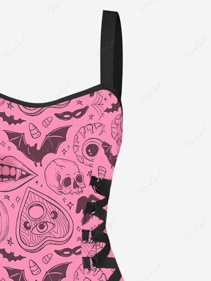 Gothic Bat Skulls Heart Mouth Spider Web Pumpkin Print Halloween Costume Lace Up A Line Tank Dress