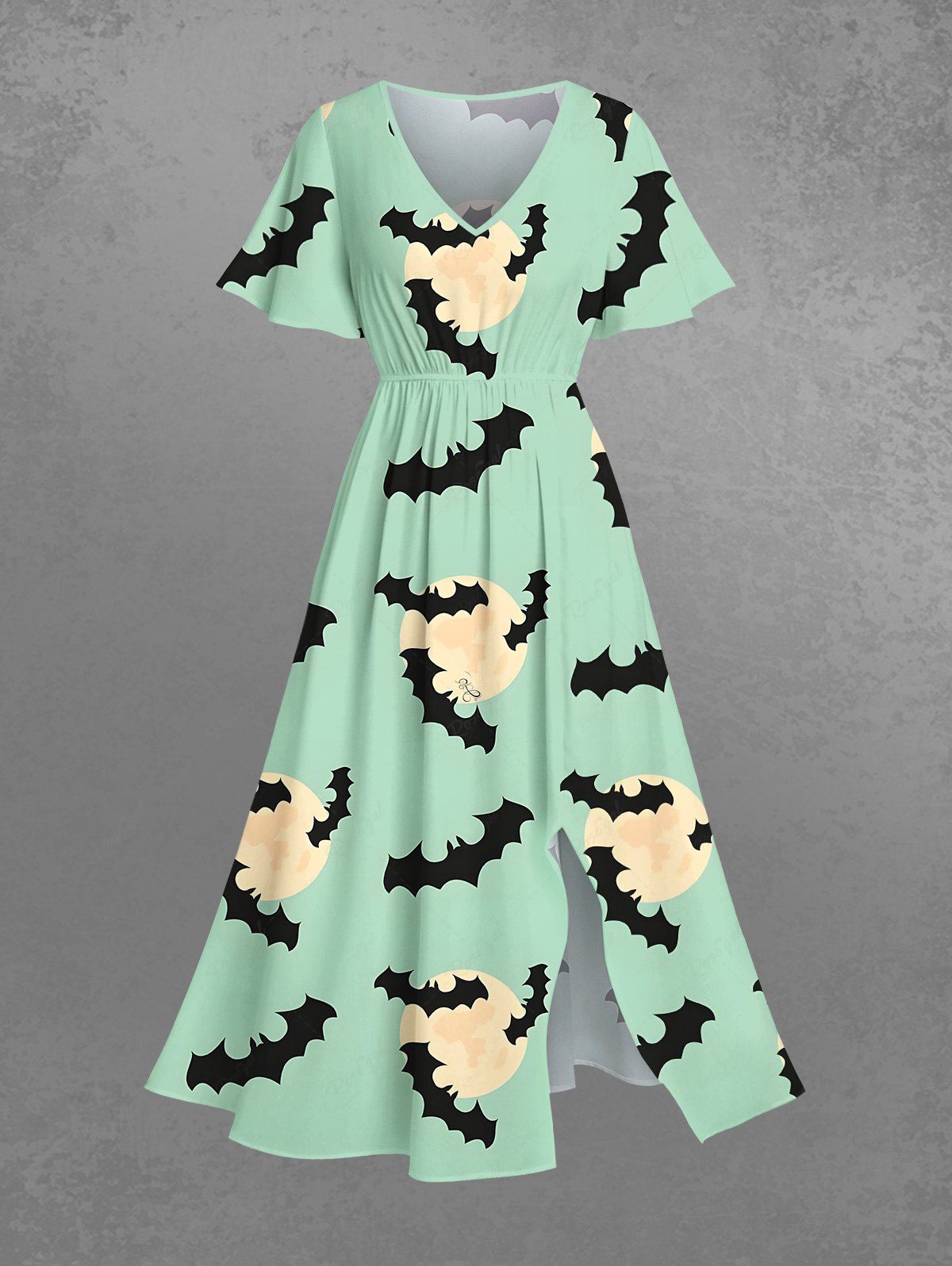 Gothic Plus Size Bat Moon Print Halloween Costume Split Pocket A Line Midi Dress