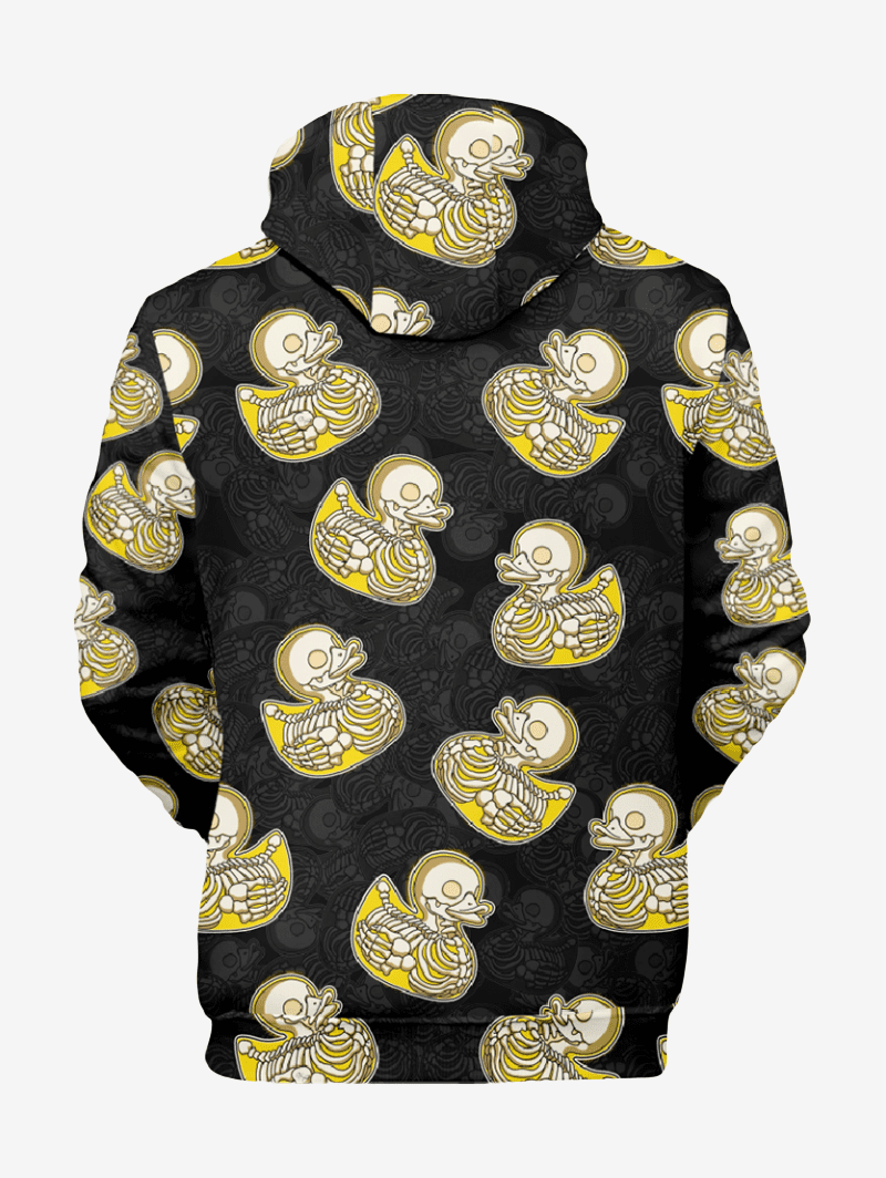 Gothic Plus Size Skeleton Duck Print Halloween Pocket Drawstring Pullover Long Sleeves Hoodie For Men