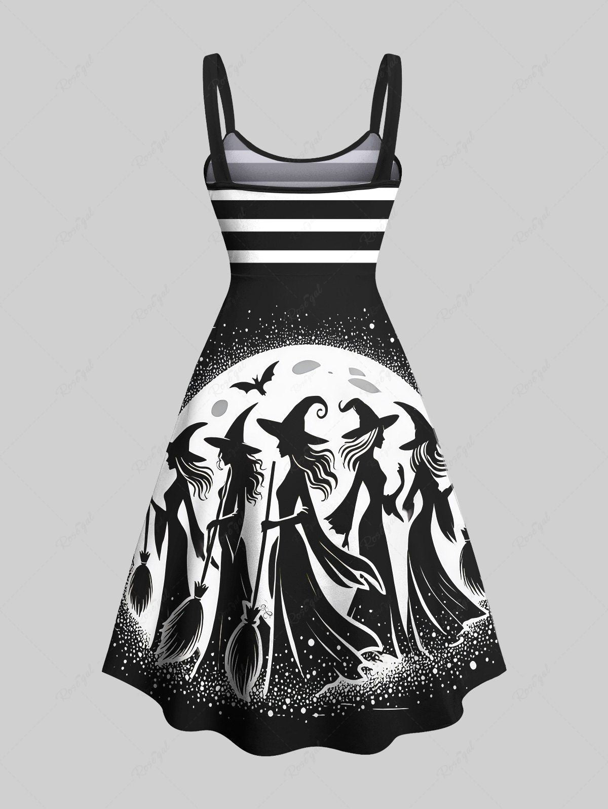 Gothic Plus Size Wizard Broom Bat Moon Galaxy Striped Print Halloween Costume A Line Tank Dress