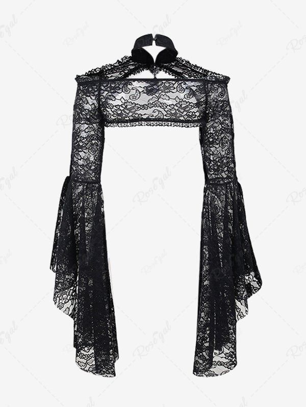 Gothic Flare Sleeves Floral Paisley Lace Panel Cut Out Halloween Shurg Top