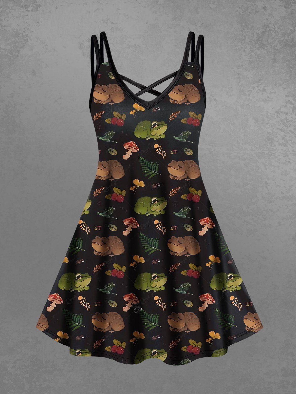 Gothic Plus Size Frog Mushroom Leaves Print Crisscross A Line Cami Dress