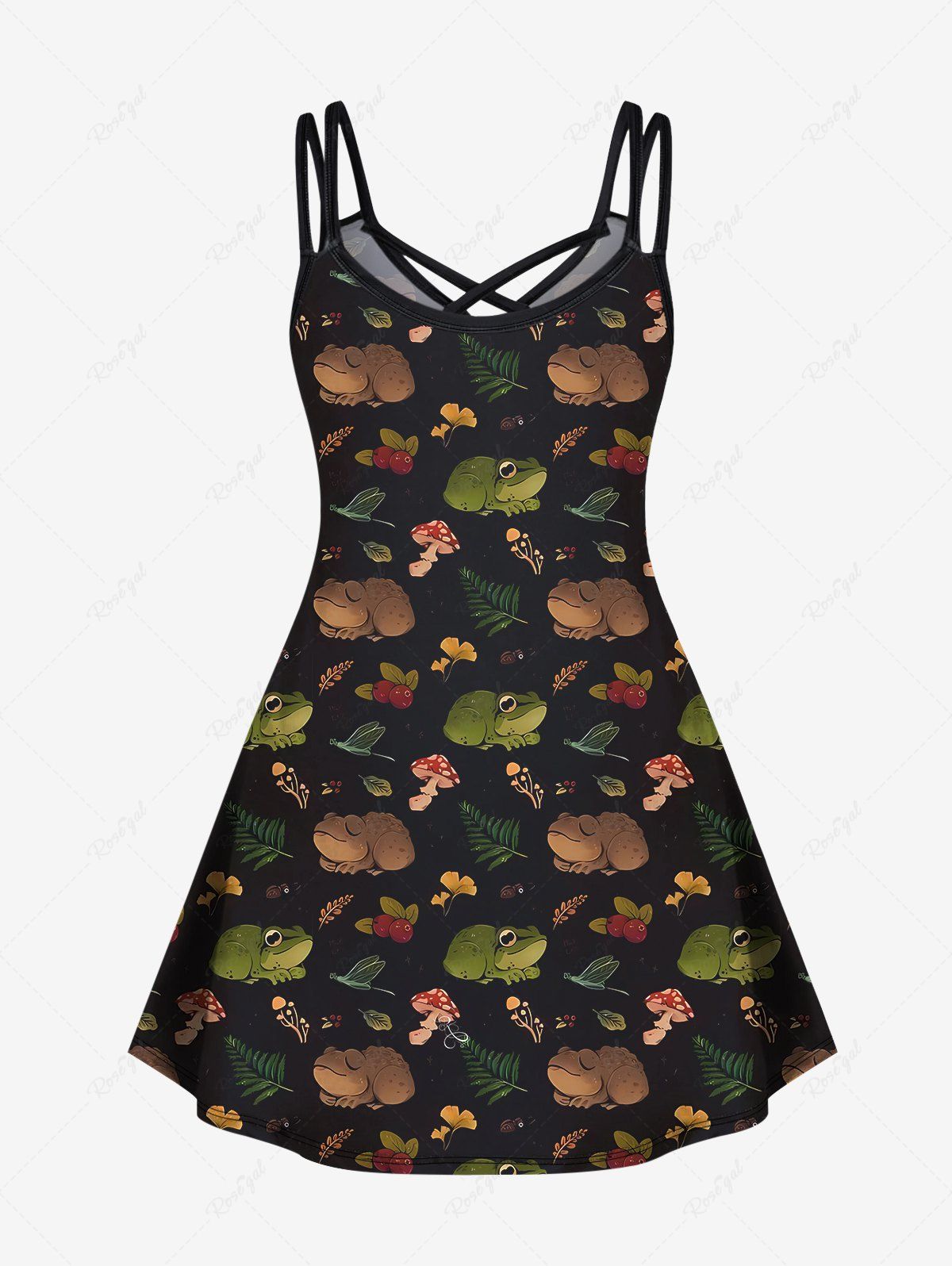 Gothic Plus Size Frog Mushroom Leaves Print Crisscross A Line Cami Dress