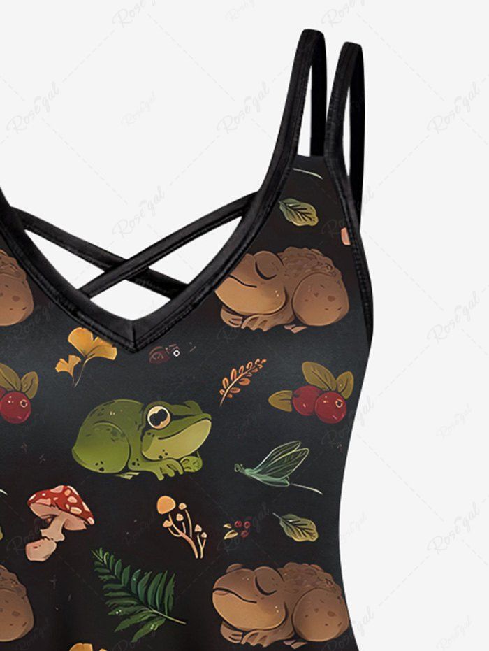 Gothic Plus Size Frog Mushroom Leaves Print Crisscross A Line Cami Dress