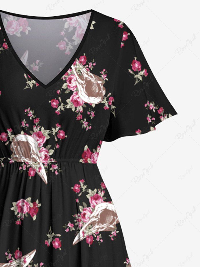 Gothic Plus Size Crow Skull Floral Print Halloween Costume Split Pocket A Line Midi Dress