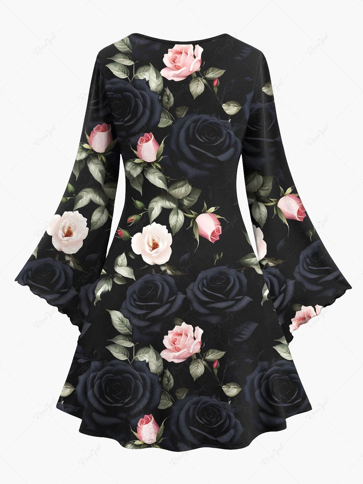 Gothic Plus Size Rose Flower Leaf Print Halloween Costume A Line Dress