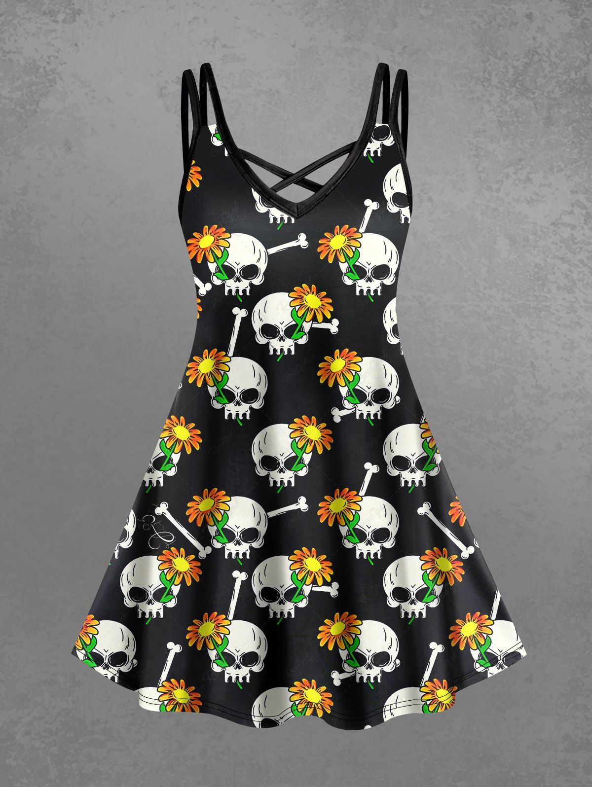 Gothic Plus Size Skull Bone Flower Print Halloween Costume Crisscross A Line Cami Dress