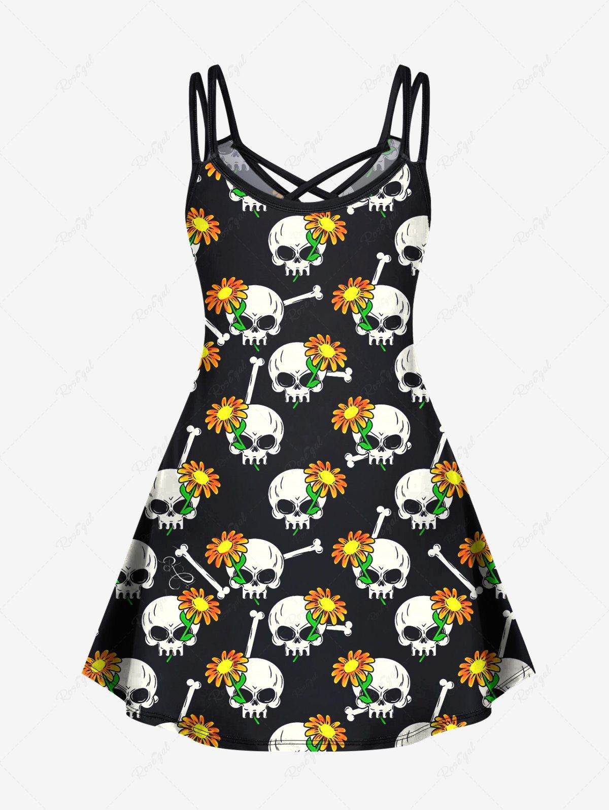 Gothic Plus Size Skull Bone Flower Print Halloween Costume Crisscross A Line Cami Dress