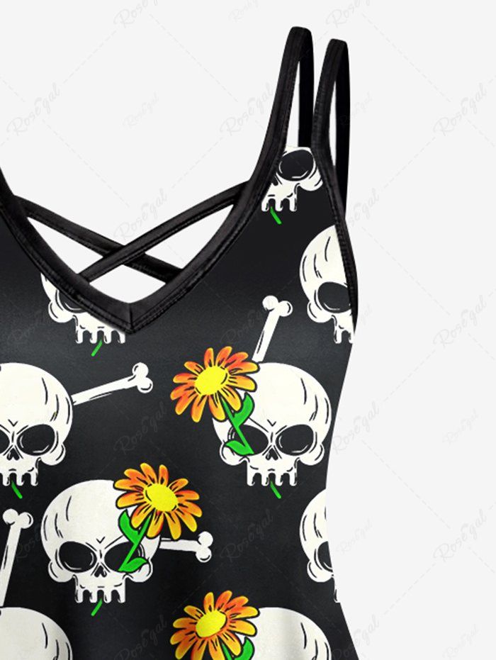 Gothic Plus Size Skull Bone Flower Print Halloween Costume Crisscross A Line Cami Dress