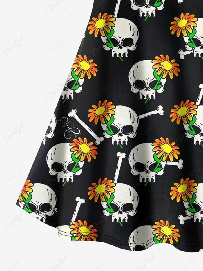 Gothic Plus Size Skull Bone Flower Print Halloween Costume Crisscross A Line Cami Dress