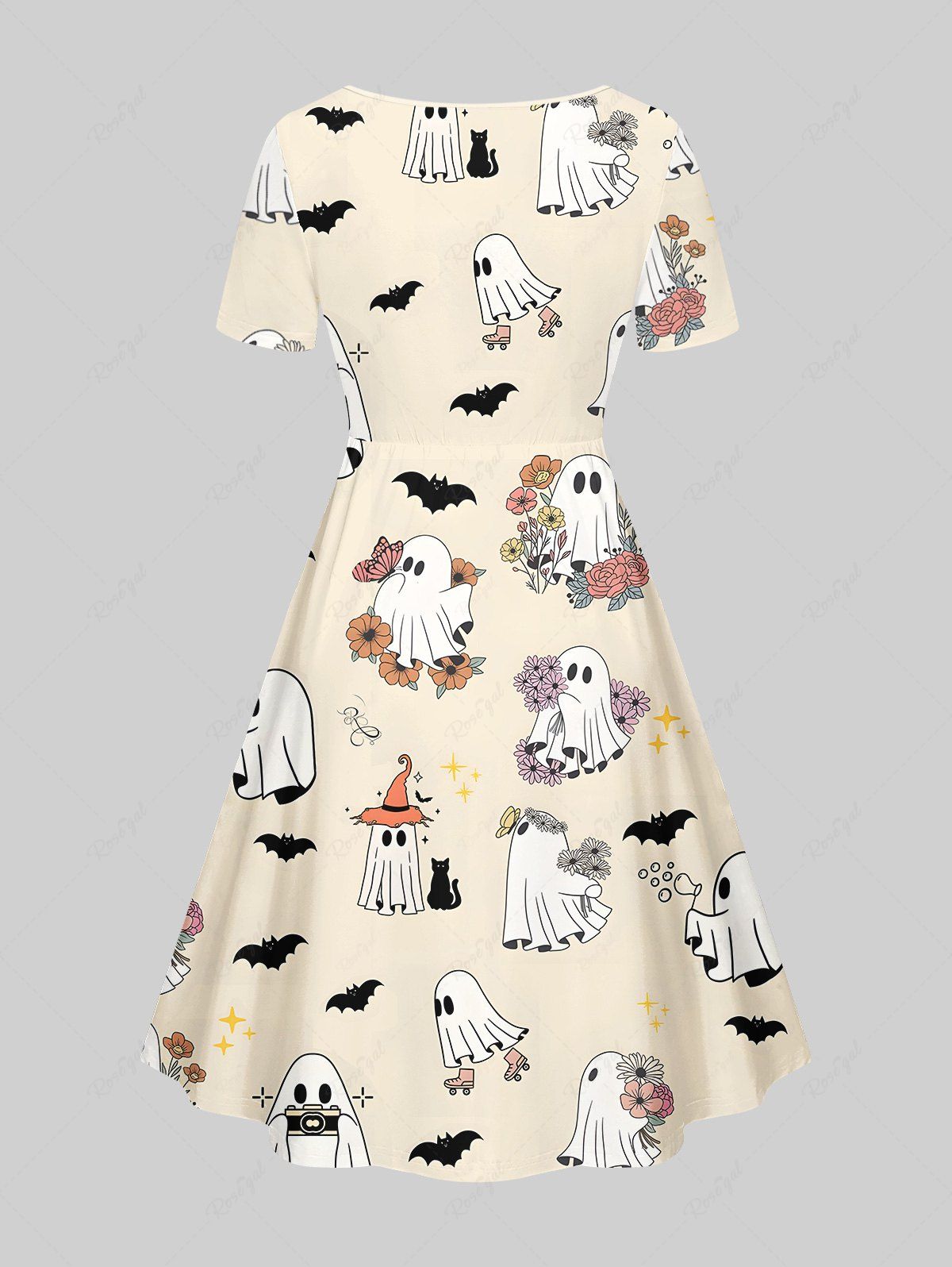 Gothic Plus Size Cute Ghost Bat Cat Flower Print Halloween Costume Cinched A Line Dress