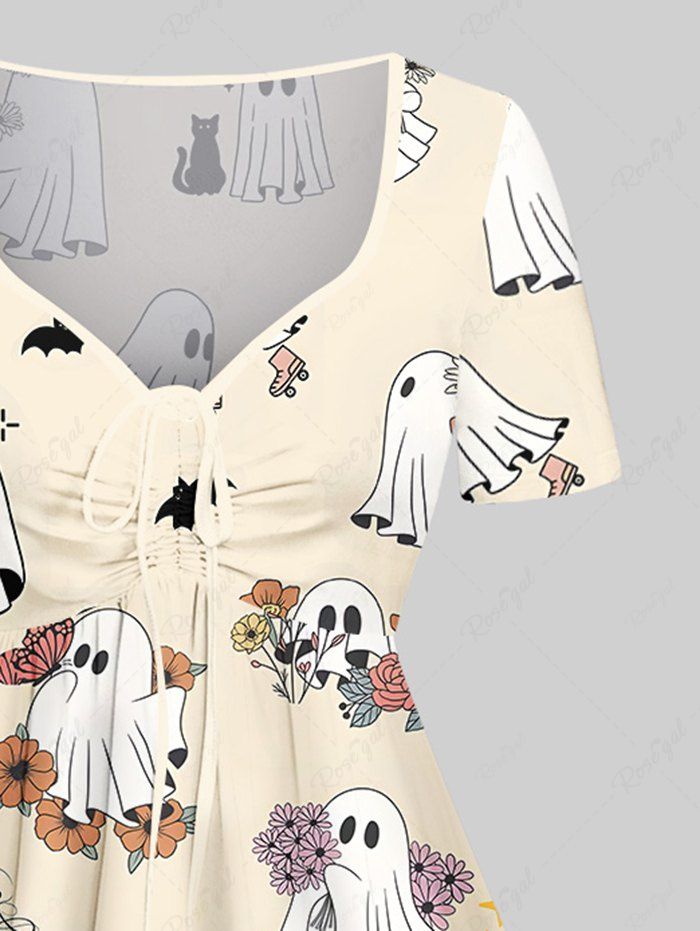 Gothic Plus Size Cute Ghost Bat Cat Flower Print Halloween Costume Cinched A Line Dress