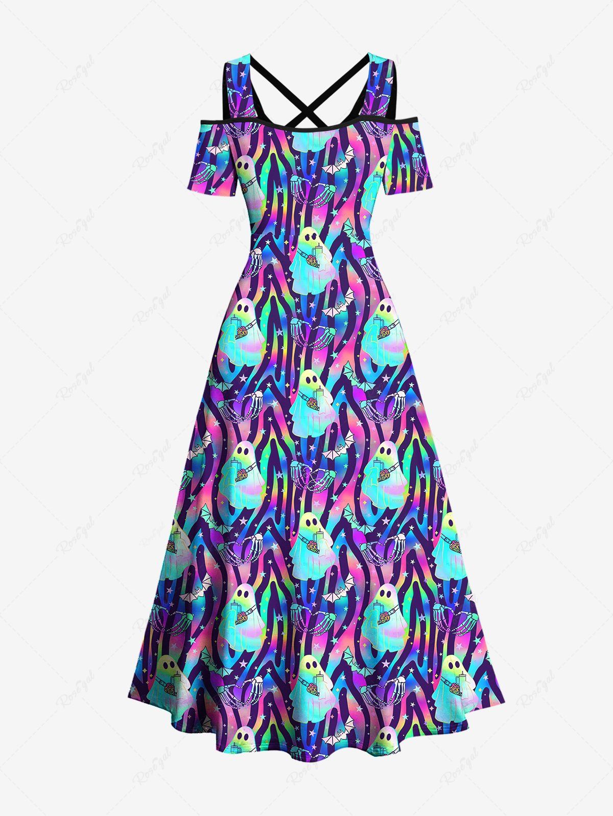 Gothic Plus Size Colorful Tie Dye Ombre Ghost Bat Skeleton Heart Print Halloween Costume Crisscross A Line Maxi Dress