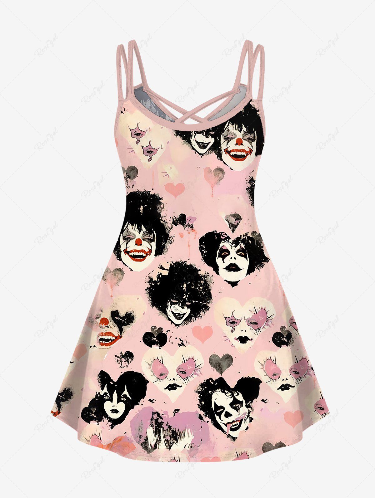 Gothic Plus Size Distressed Heart Clown Print Halloween Costume Crisscross A Line Cami Dress