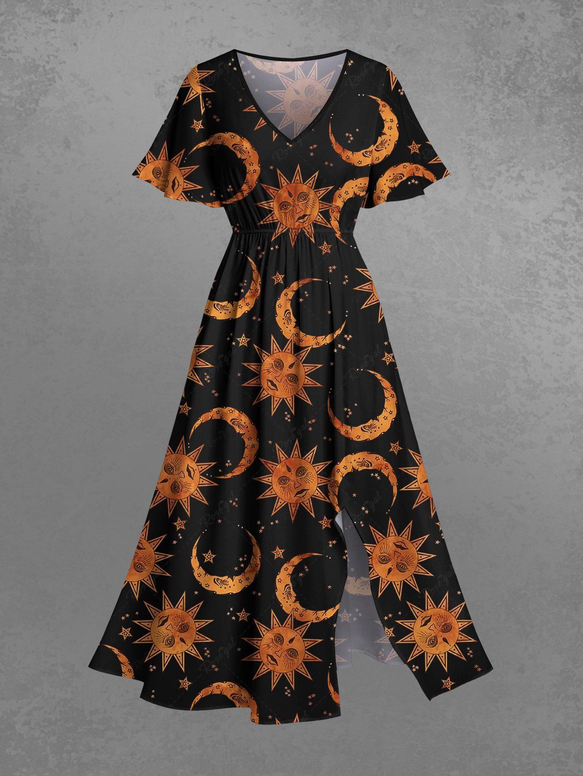 Gothic Plus Size Sun Moon Stars Print Split Pocket A Line Midi Dress