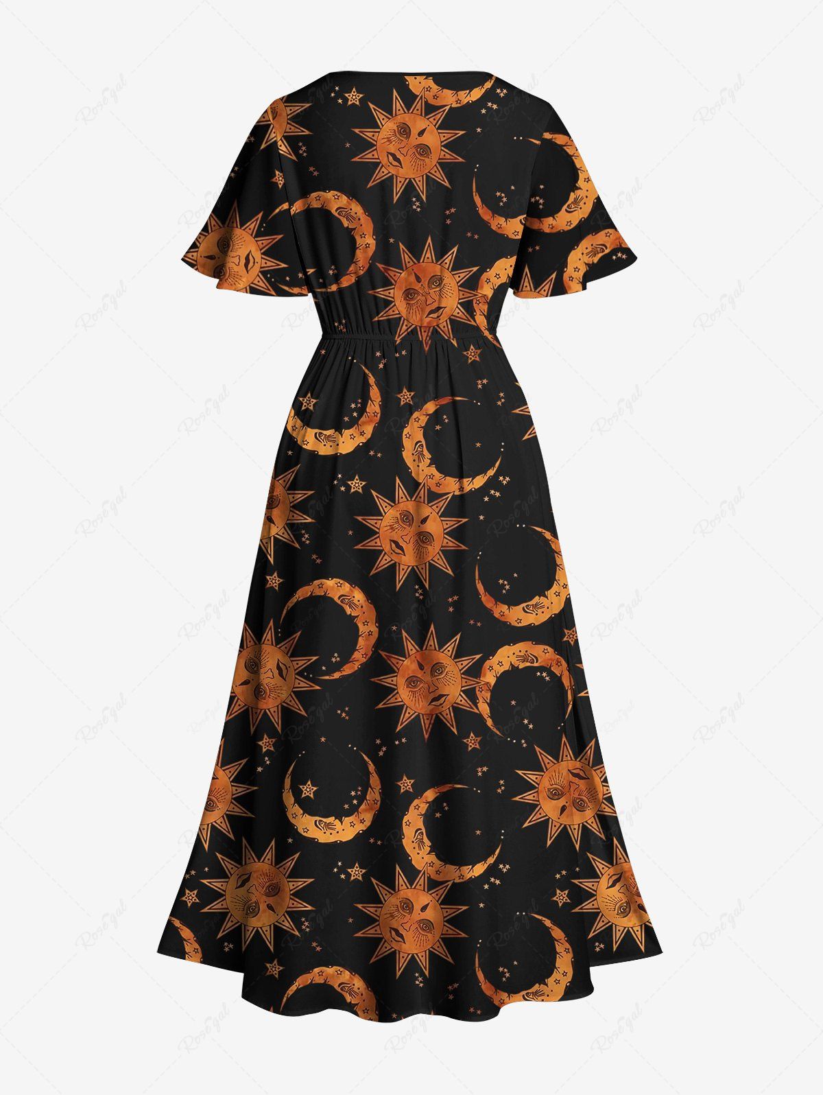 Gothic Plus Size Sun Moon Stars Print Split Pocket A Line Midi Dress