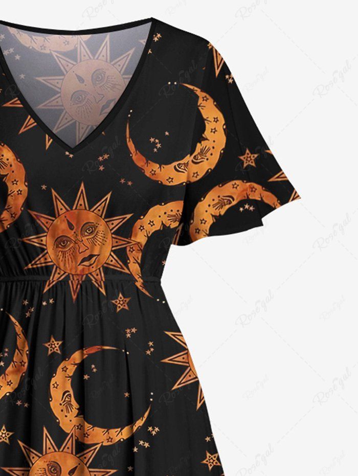 Gothic Plus Size Sun Moon Stars Print Split Pocket A Line Midi Dress