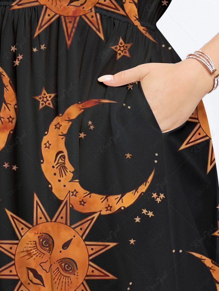 Gothic Plus Size Sun Moon Stars Print Split Pocket A Line Midi Dress