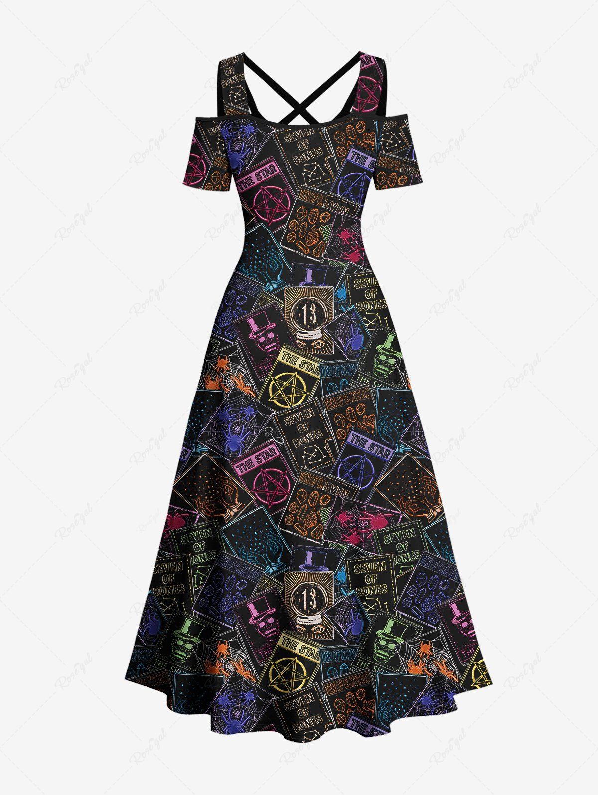 Gothic Plus Size Colorful Tarot Print Halloween Costume Crisscross A Line Maxi Dress