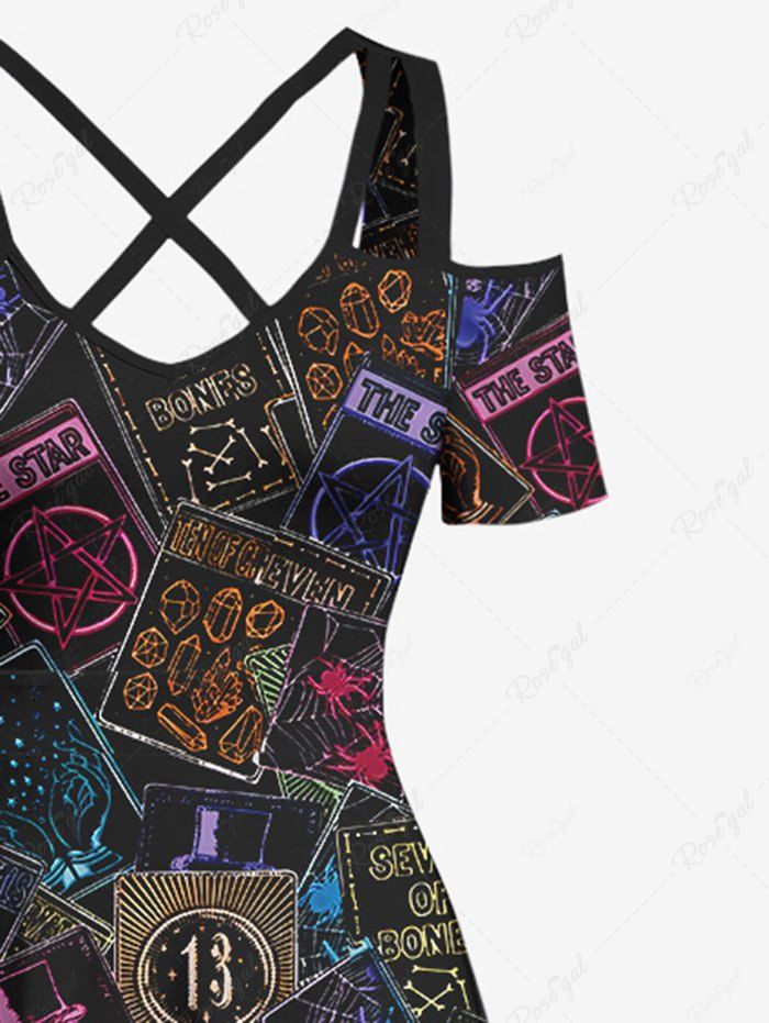 Gothic Plus Size Colorful Tarot Print Halloween Costume Crisscross A Line Maxi Dress