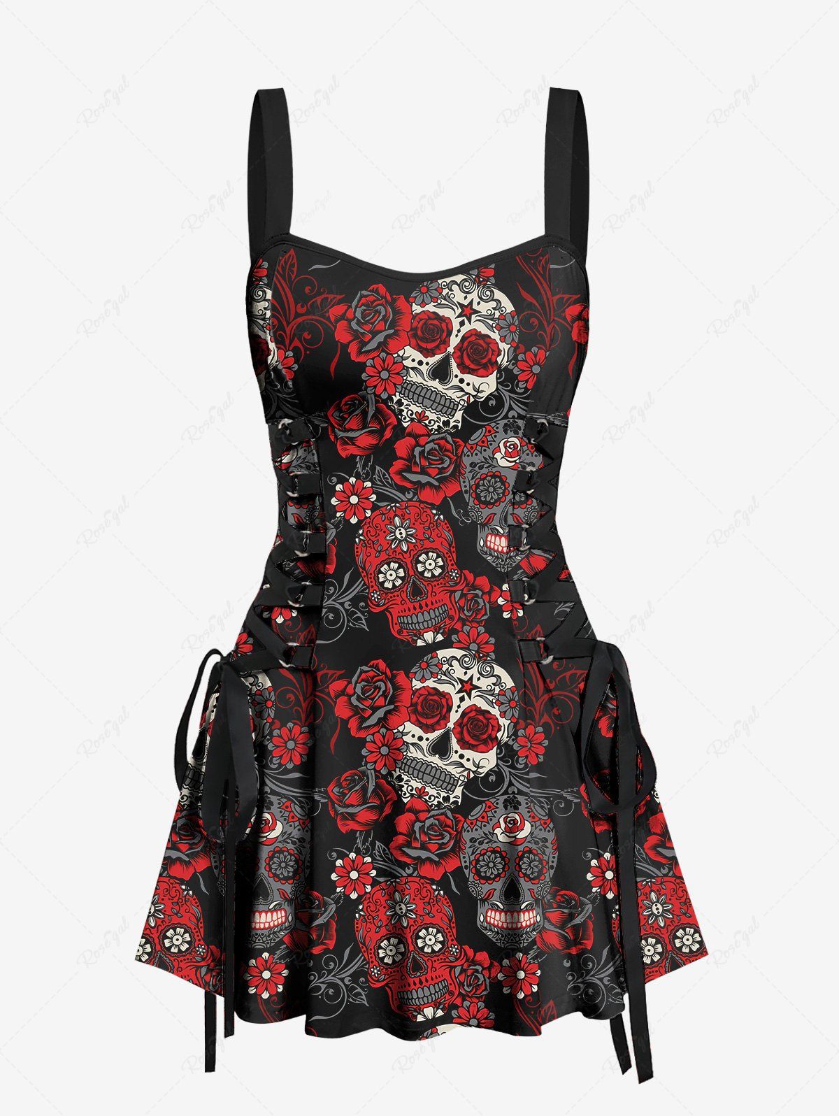 Gothic Skull Floral Print Halloween Costume Lace Up A Line Tank Dress