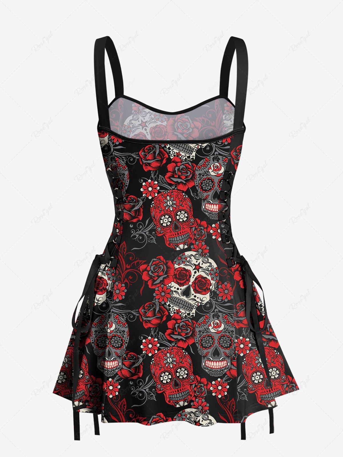 Gothic Skull Floral Print Halloween Costume Lace Up A Line Tank Dress