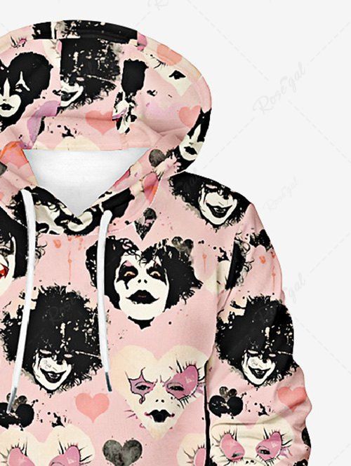 Gothic Plus Size Clown Heart Print Halloween Pocket Drawstring Pullover Long Sleeves Hoodie For Men