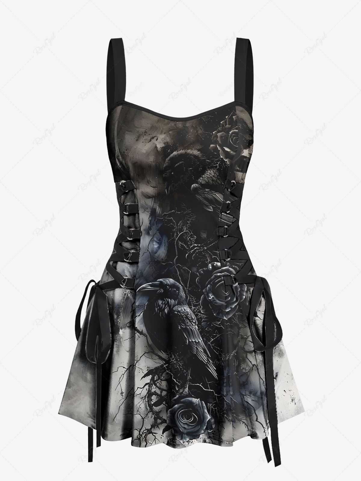 Gothic Ink Painting Tie Dye Eagle Tree Branch Rose Flower Print Halloween Costume Lace Up A Line Tank Dress