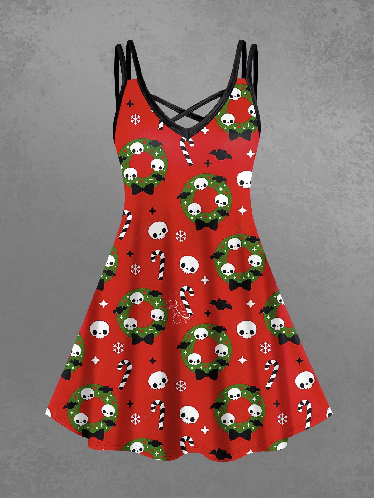 Gothic Plus Size Skull Bowknot Wreath Snowflake Candy Print Christmas Crisscross A Line Cami Dress