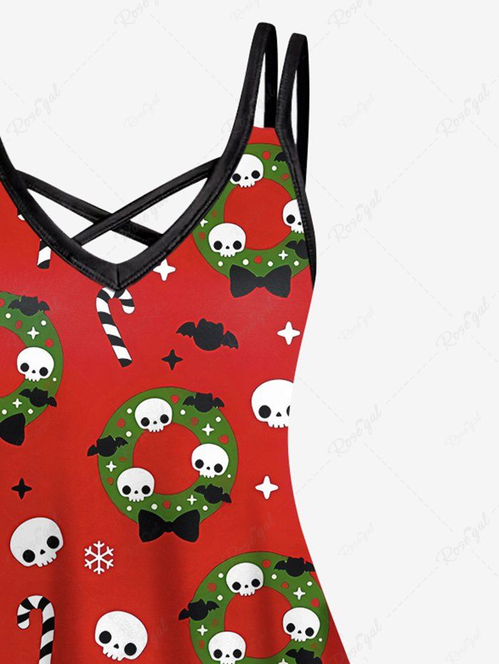 Gothic Plus Size Skull Bowknot Wreath Snowflake Candy Print Christmas Crisscross A Line Cami Dress