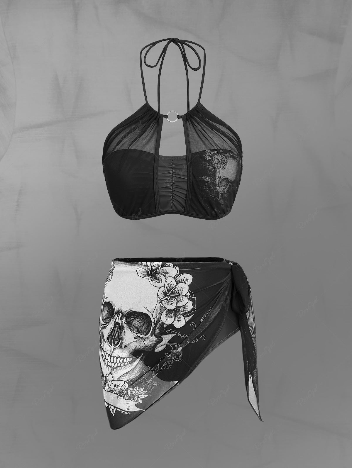 Gothic Halter Ruched Skull Flower Print Mesh Asymmetrical Skirt 3 Piece Tankini Swimsuit