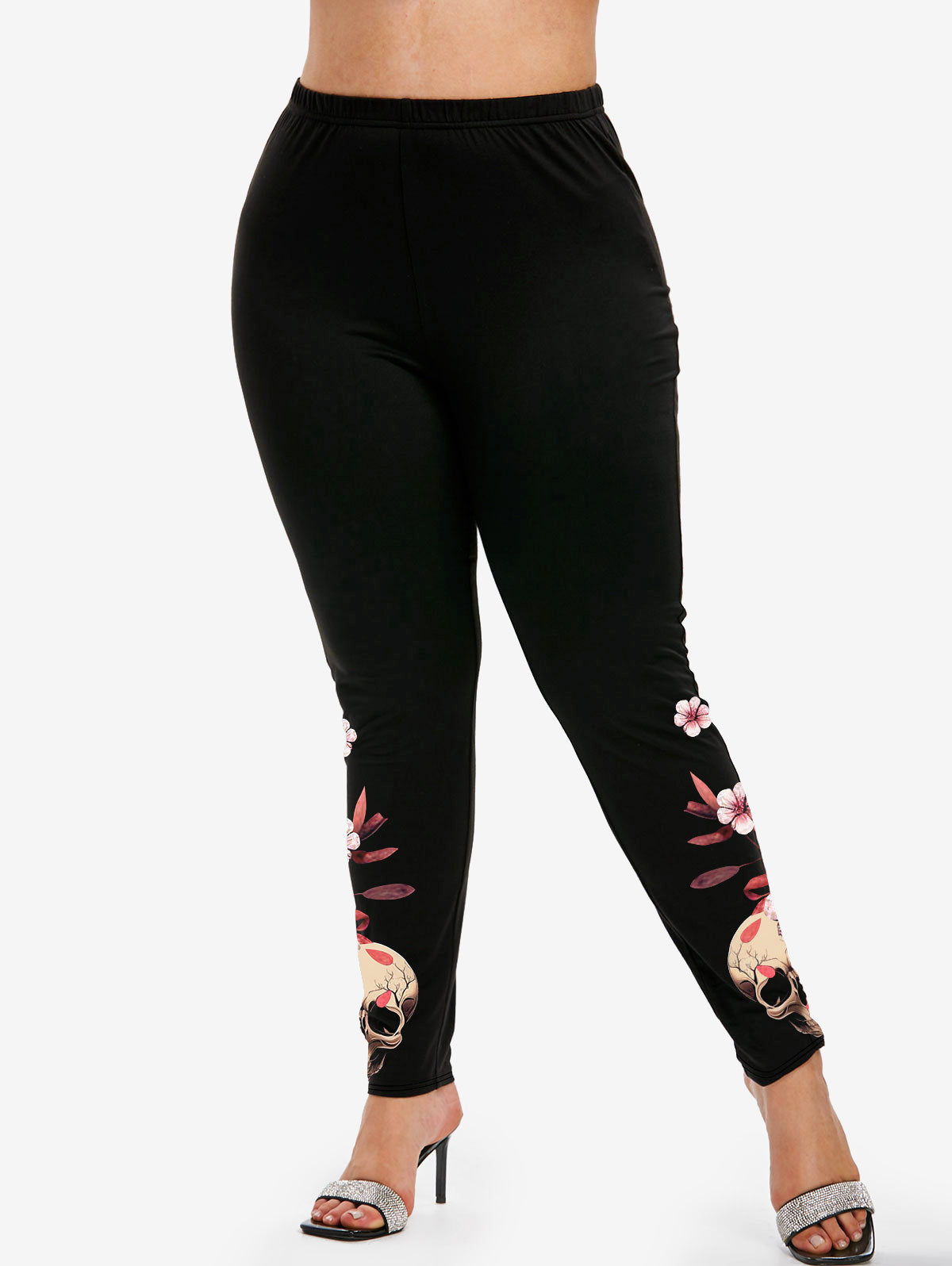 Gothic Plus Size Floral Skull Print Skinny Leggings